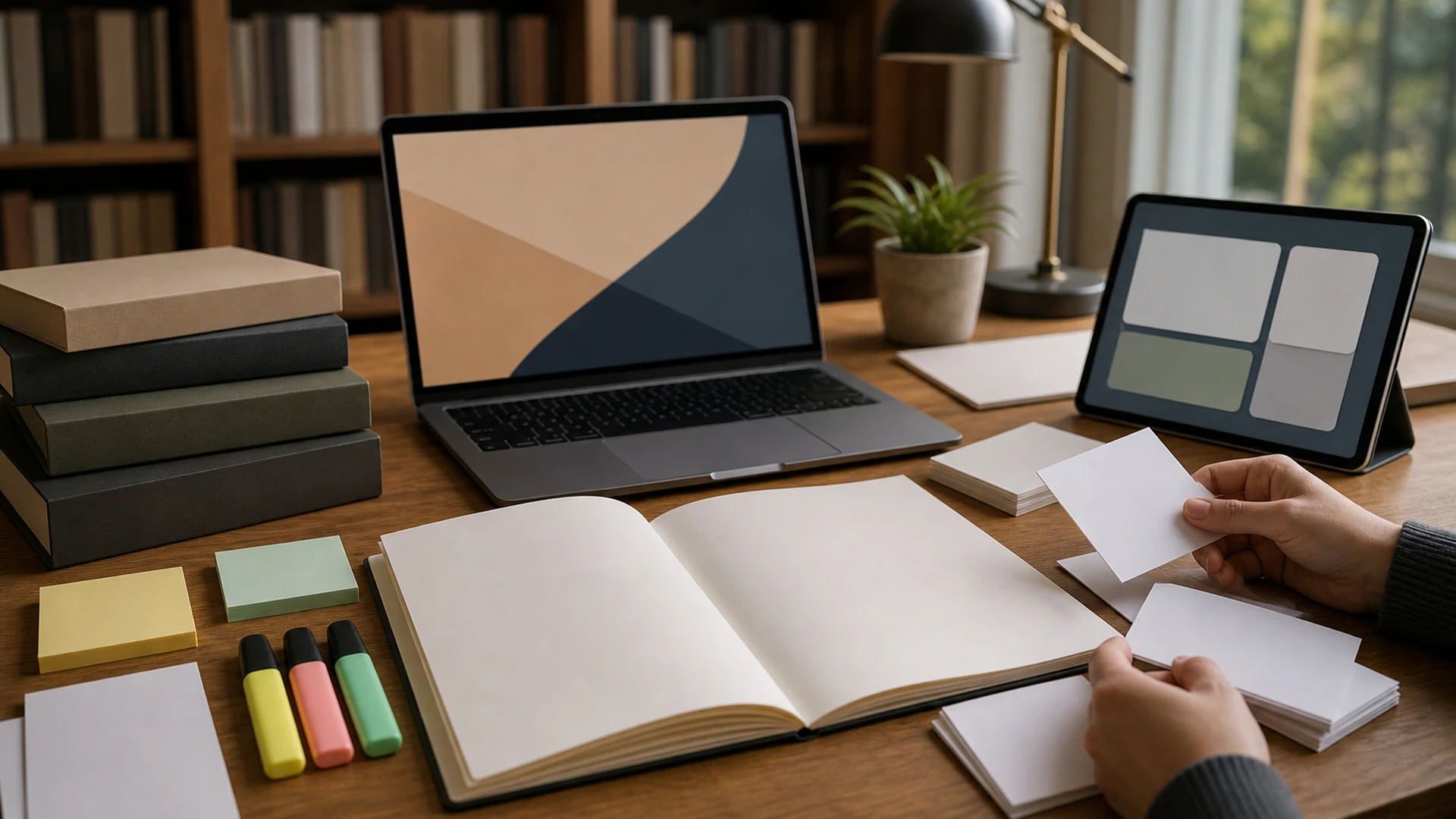 紙、書籍、ノートPC、復習カードが置かれた学生とナレッジワーカーの写実的な学習机