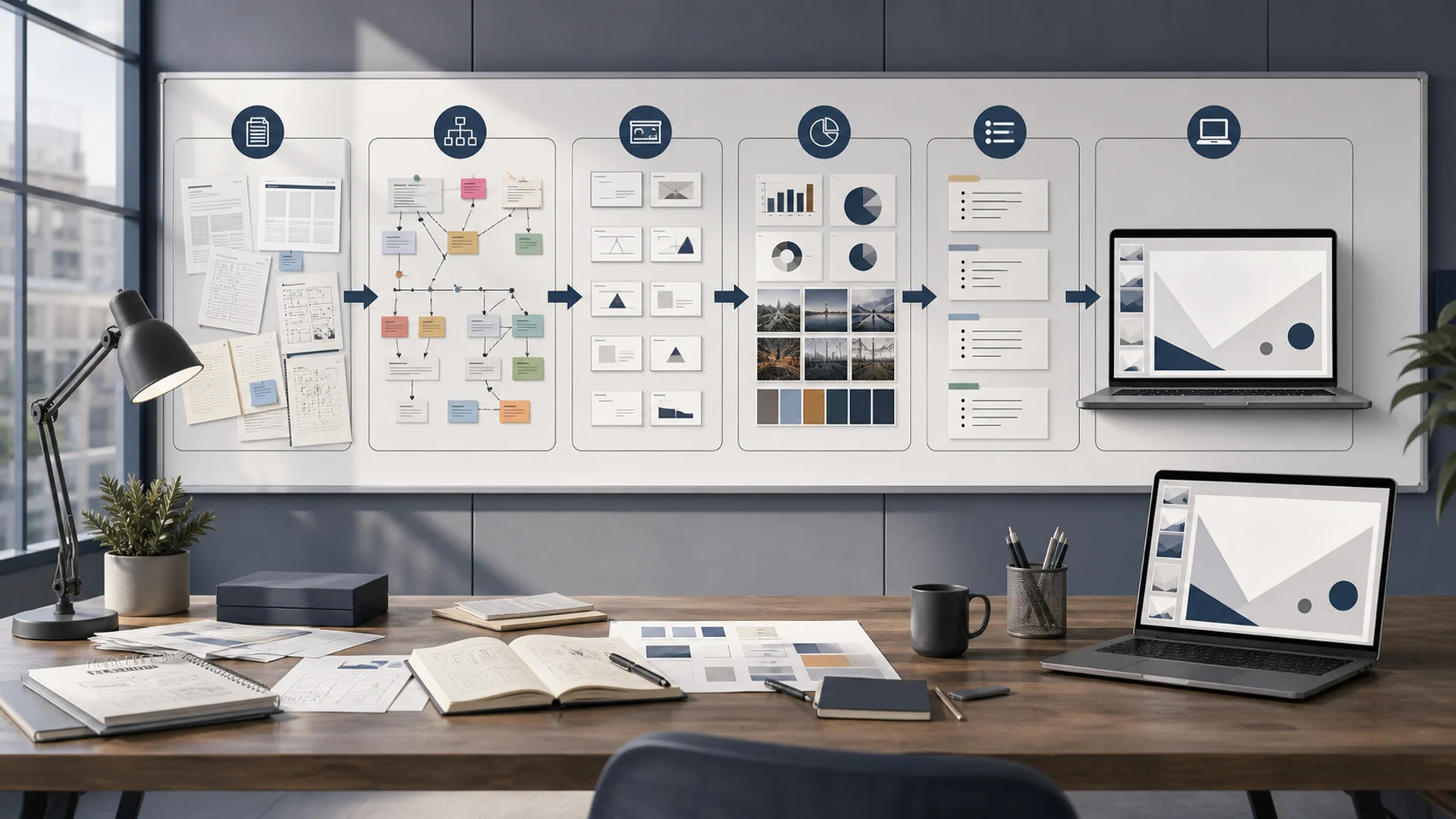 Un workflow editorial premium montrant documents, pages web, PDF, notes, plans, visuels, notes d'orateur et deck final
