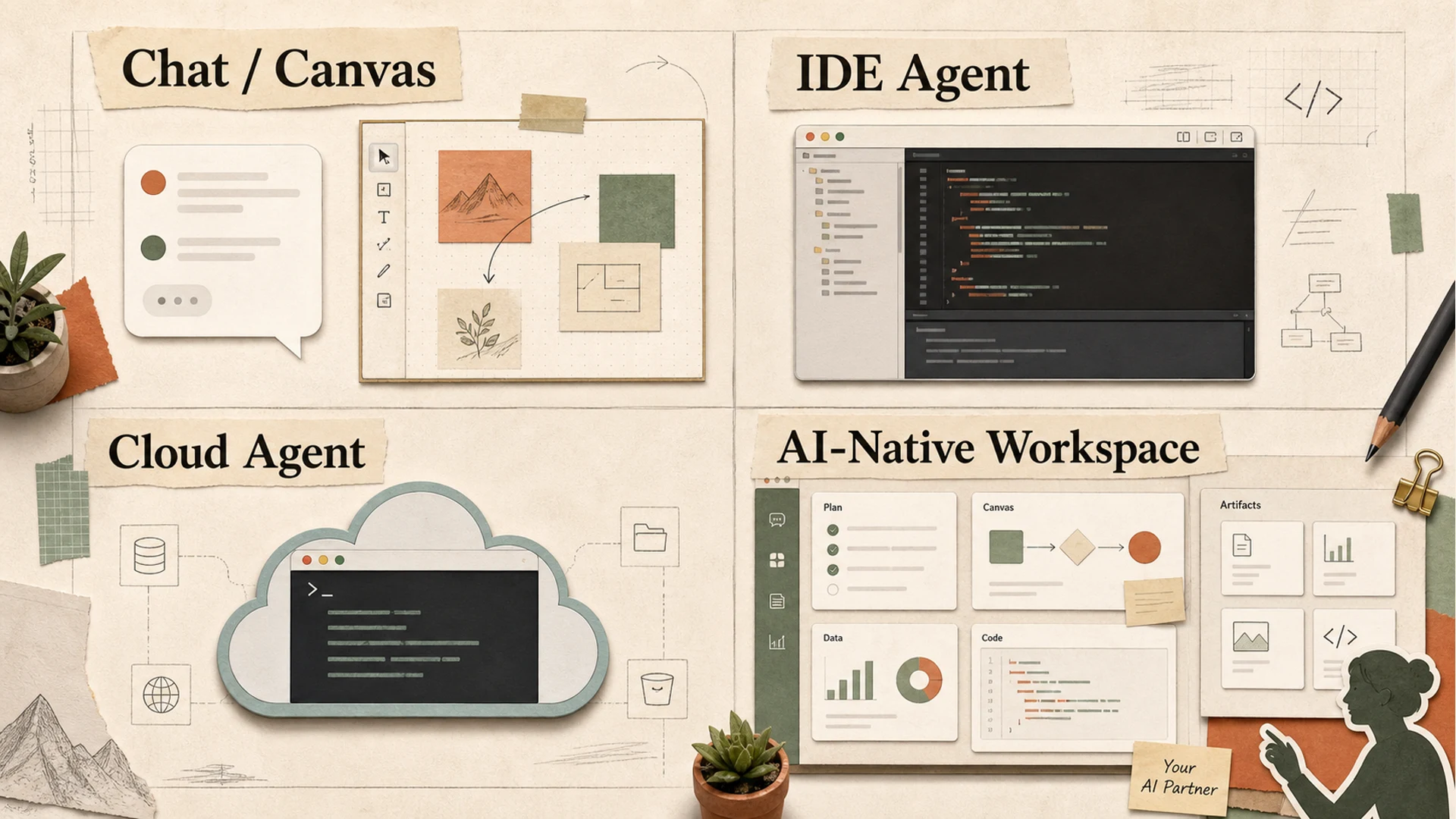Workspace comparison map: Chat/Canvas, IDE Agent, Cloud Agent, and AI-Native Workspace