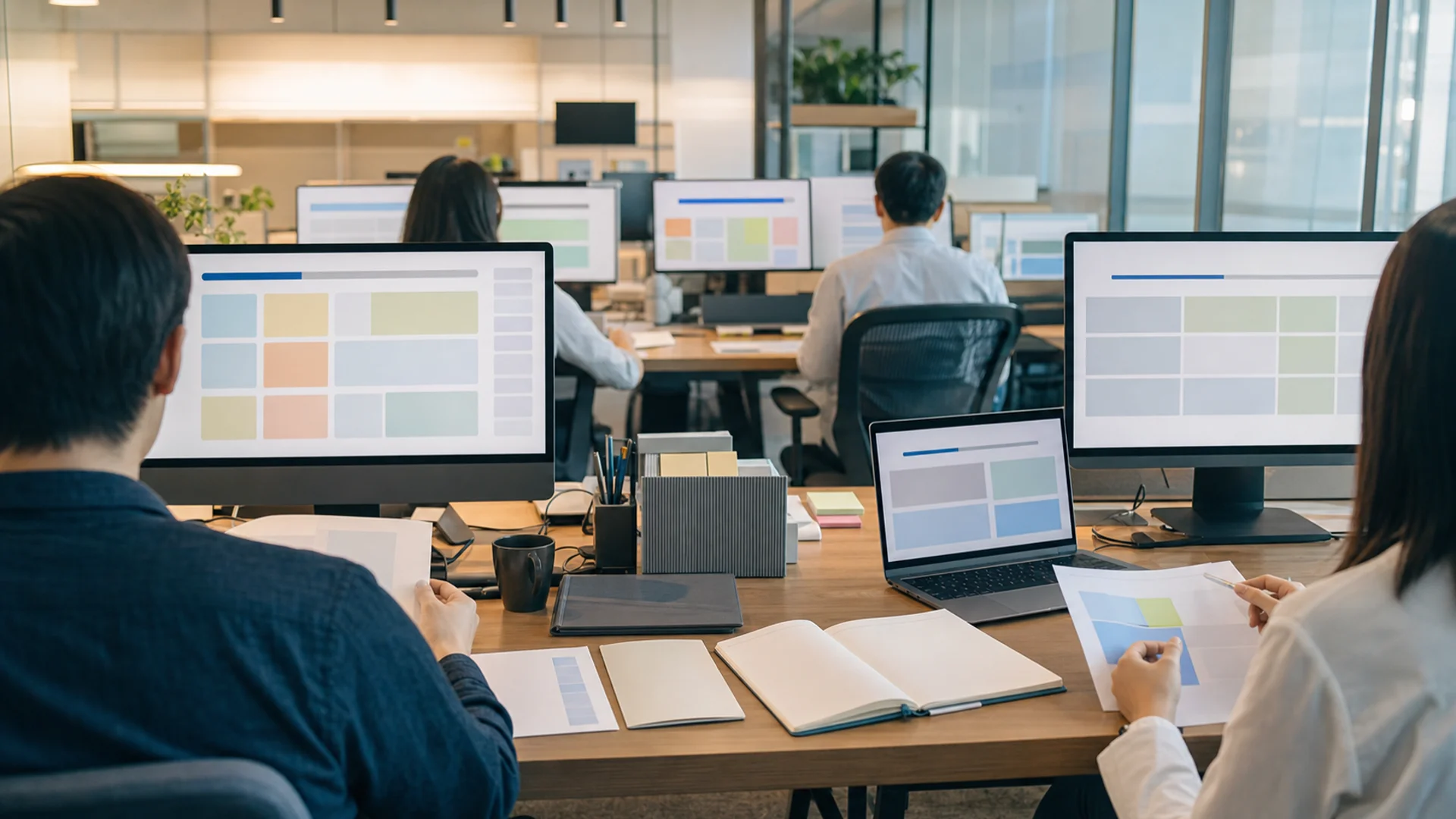Un bureau réaliste de collaboration multi-agents avec du code, des documents, des rapports et des panneaux d'activité des intervenants