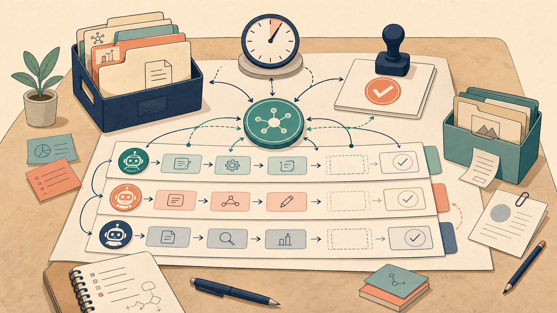 Ilustración editorial plana de un workspace harness con Artifacts, calendarios, aprobaciones y carriles de sesión