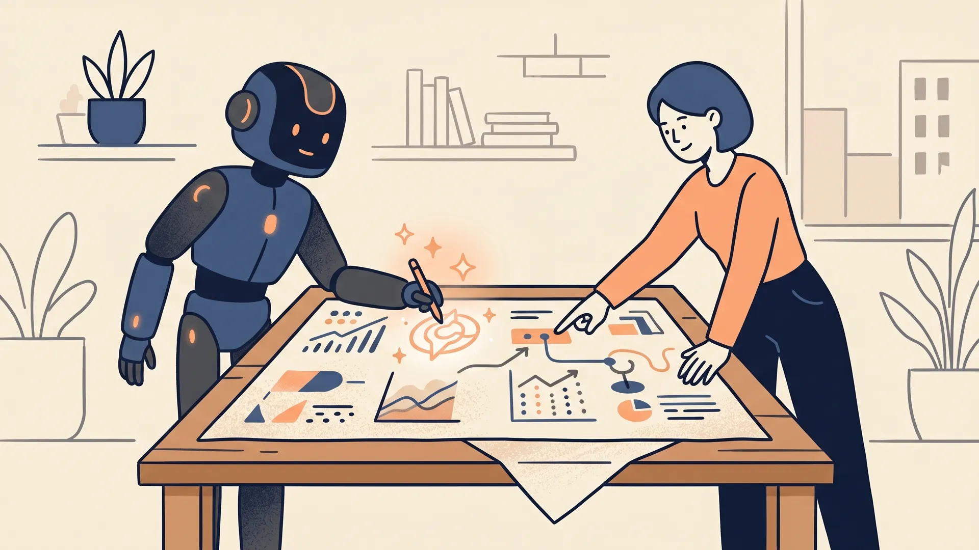 Flat hand-drawn editorial illustration of an agent partner and a human collaborating over a durable document artifact