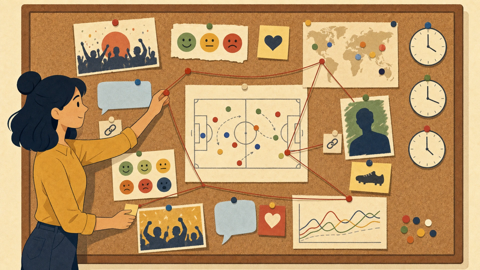 Ilustração de quadro desenhada à mão com balões de chat, medidores de emoção, pinos de equipes favoritas, notas de fuso horário e marcadores de citação