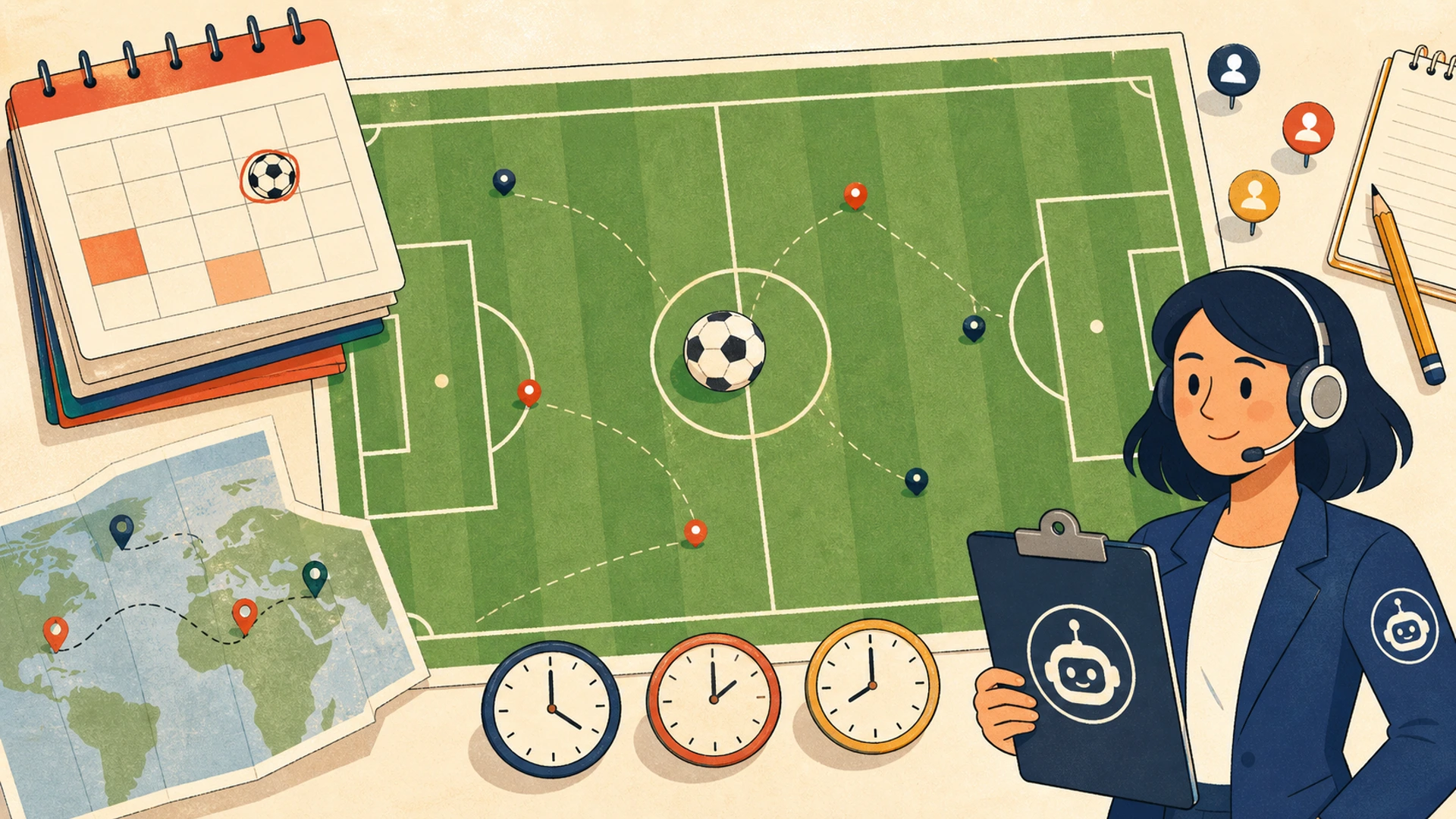 Ilustração editorial plana de um campo de futebol genérico, cartões de calendário, relógios de fuso horário, pinos de mapa e um funcionário virtual de IA amigável segurando uma prancheta