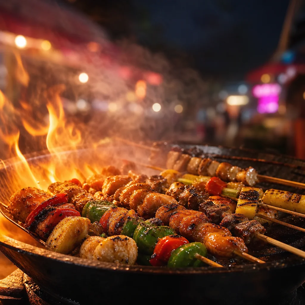 Cover option A — cinematic close-up of sizzling street-food skewers over flames at a neon-lit night market.