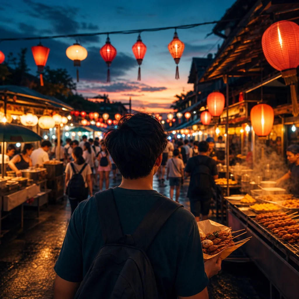 Cover option B — a lantern-lit night-market alley at dusk, a person walking through with a tray of street food.