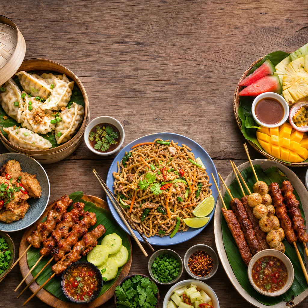 Cover option C — overhead flat-lay of a colorful spread of street-food dishes on a rustic wooden table.