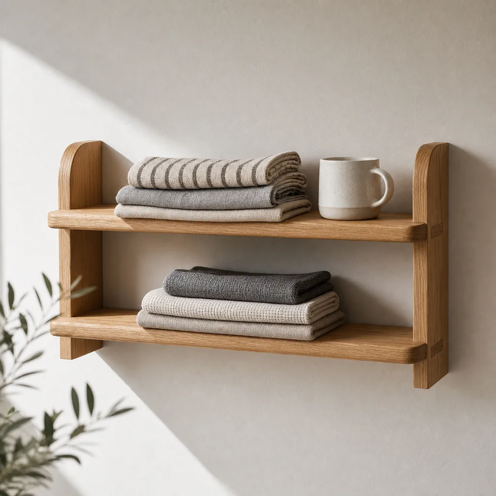 DE main image — the same oak shelf in a Scandinavian-minimalist setting with folded linen and a matte ceramic mug.