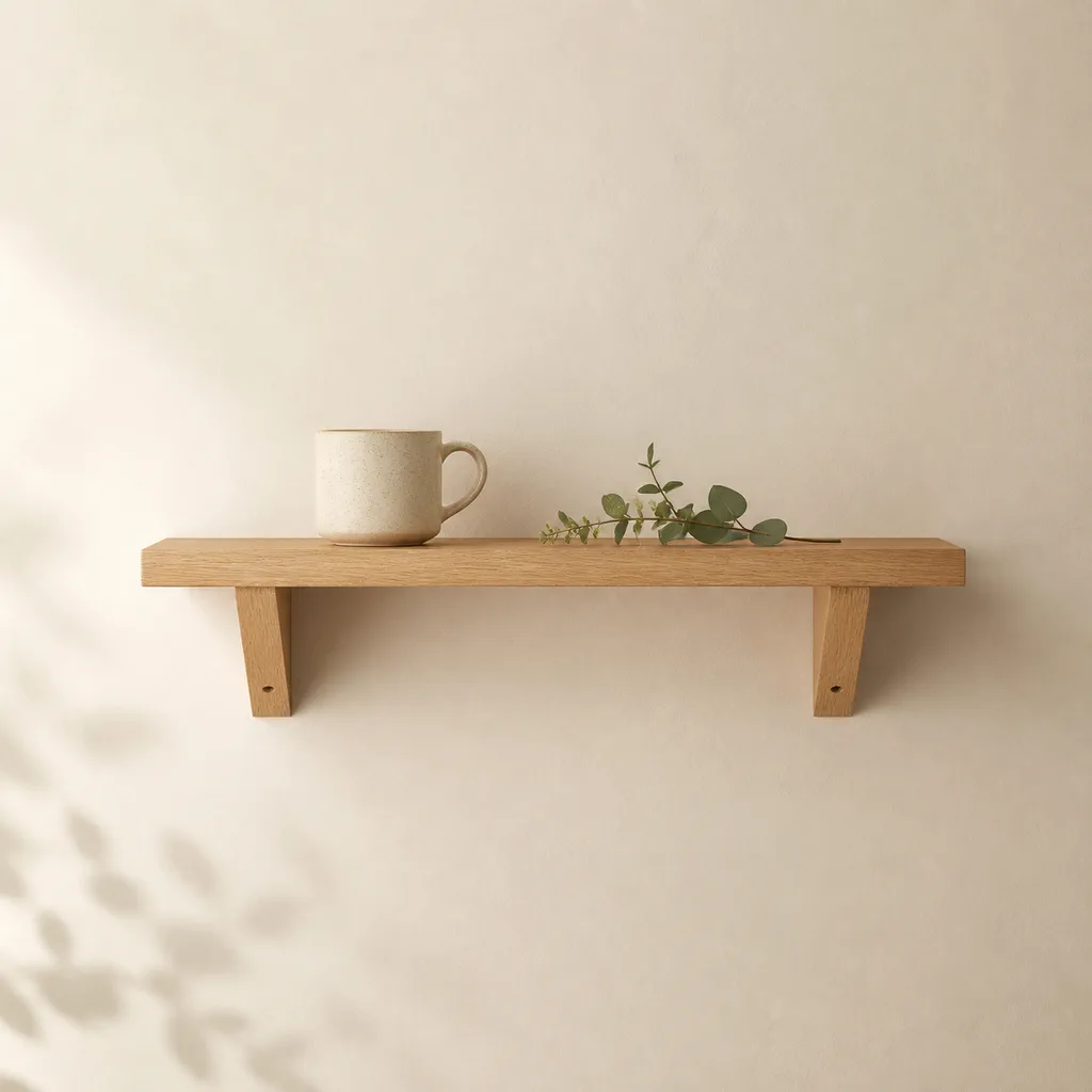 JP main image — the oak shelf in Muji-like minimal styling with a single ceramic mug and a sprig of greenery.