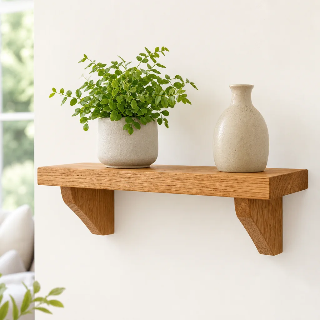US main image — an oak wall shelf styled with a potted plant and a ceramic vase on a bright neutral wall.